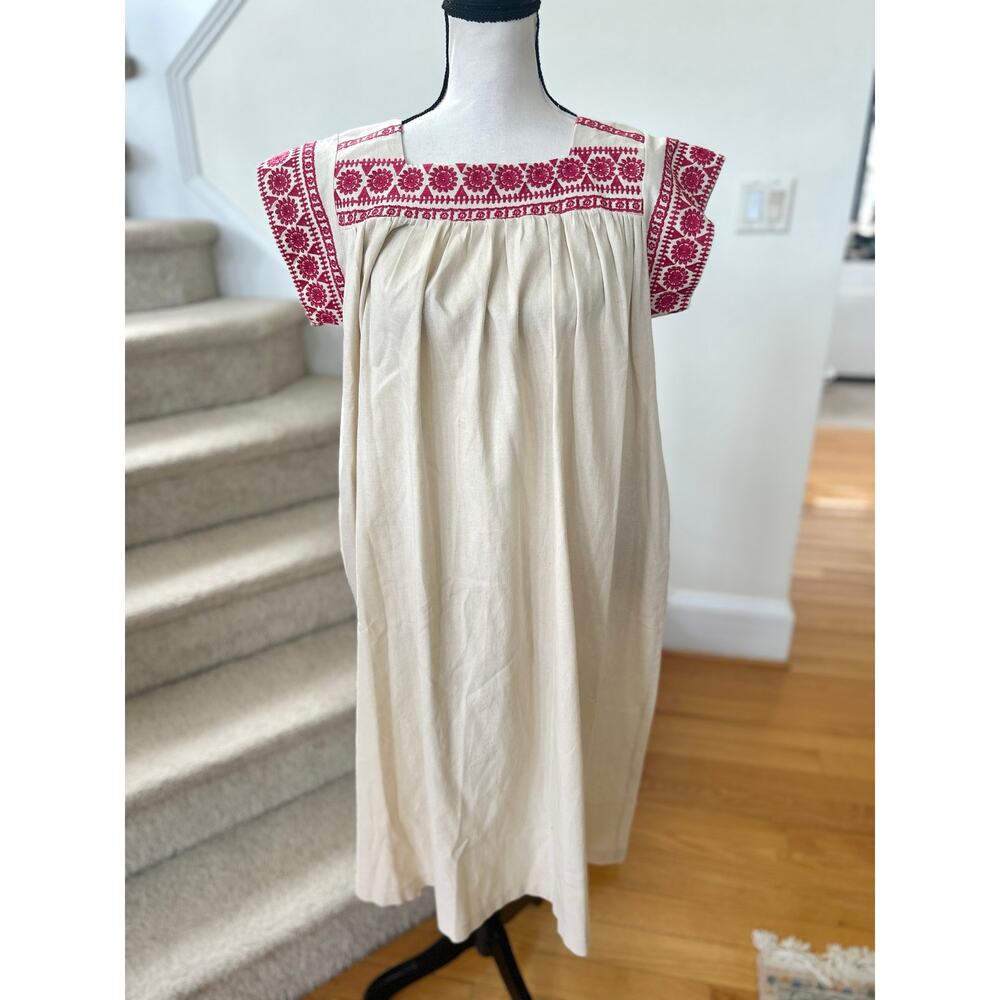 Lassiter Cream Cotton & Pink Mexican Style Embroidery Short Sleeve Midi Dress